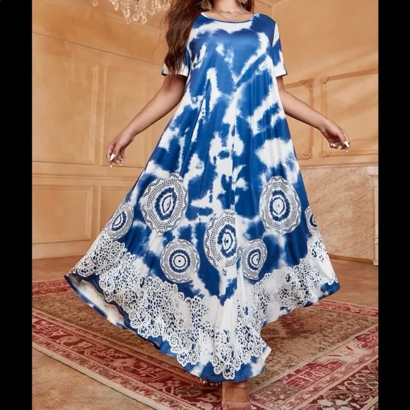 Boho Plus Size Tie Dye Tribal Print Umbrella Hem Maxi Dress - Picture 2 of 5